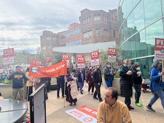 ciscoo city workers marched and rallied at SF General Hospital to demand an end to outsourcing and union busting by Breed and City bosses....