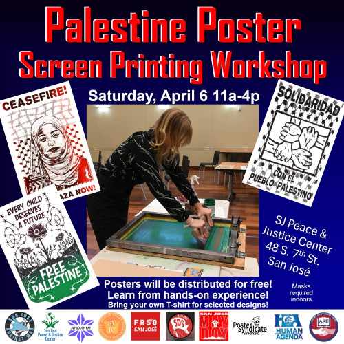 Flyer for the Palestine Poster Screen Printing Workshop showing three posters of many that will be available for printing.