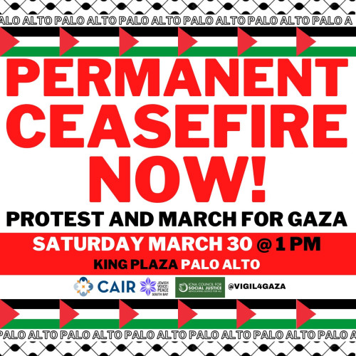 Permanent Ceasefire Now! Rally and March flyer in red, green and black